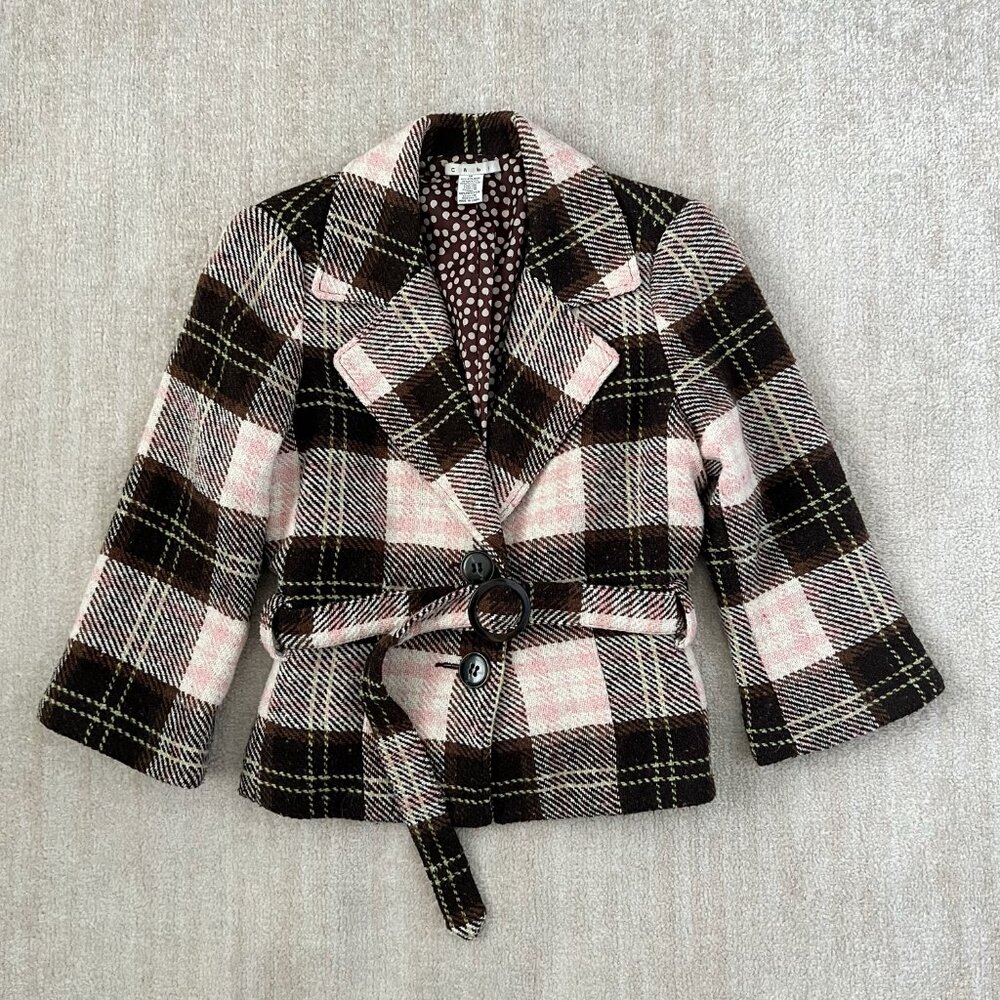 CAbi Kate Wool Cotton Plaid Belted Short Pea Coat 16 Preppy Retro Academia